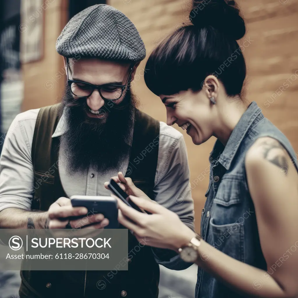 Young hipster couple having genuine fun wandering around downtown Wanderlust lifestyle and travel concept with boy and girl together interacting on social media with their smart phone, Ai Generative,