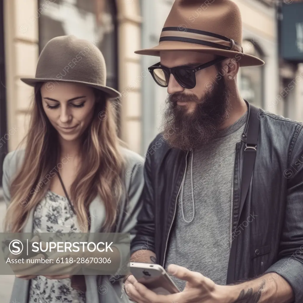 Fashionable young hipster couple sitting with smart phone, on social media, AI Generative,