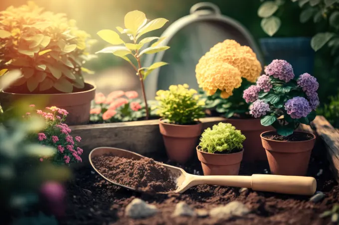 Garden flowers, plants and tools on a sunny background. Gardening concept generative ai