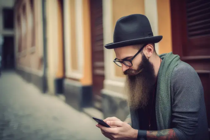 hipster with long beard glasses and hat using his smartphone in the city, Ai generative,