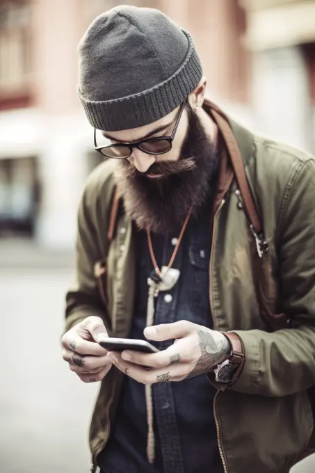 Detalle del hombre hipster con teléfono, AI generativo,