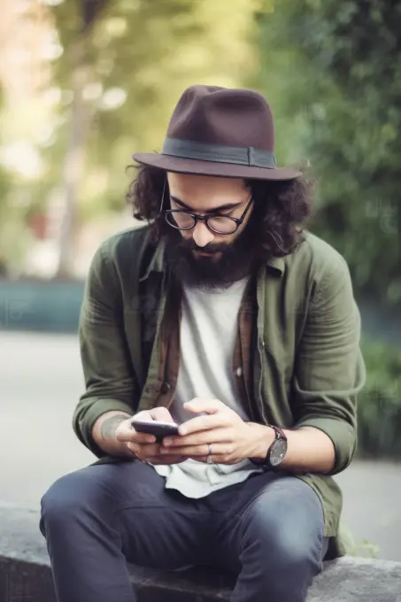 Young male hipster looking at smartphones at city, AI Generative,