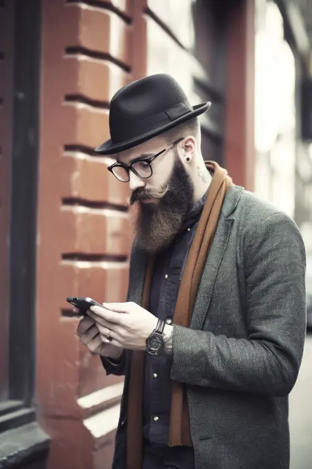 Young male hipster looking at smartphones at city, AI Generative,