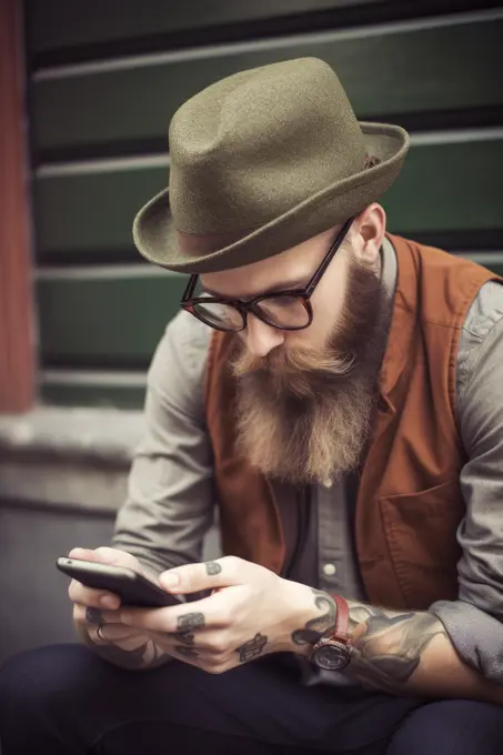 Young male hipster looking at smartphones at city, AI Generative,