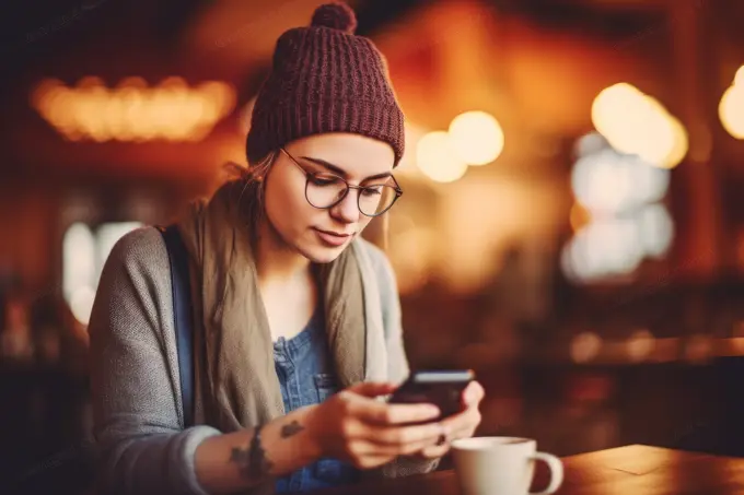 hipster businesswoman working from the diner with her smartphone sipping on a cup of coffee, Ai Generative,