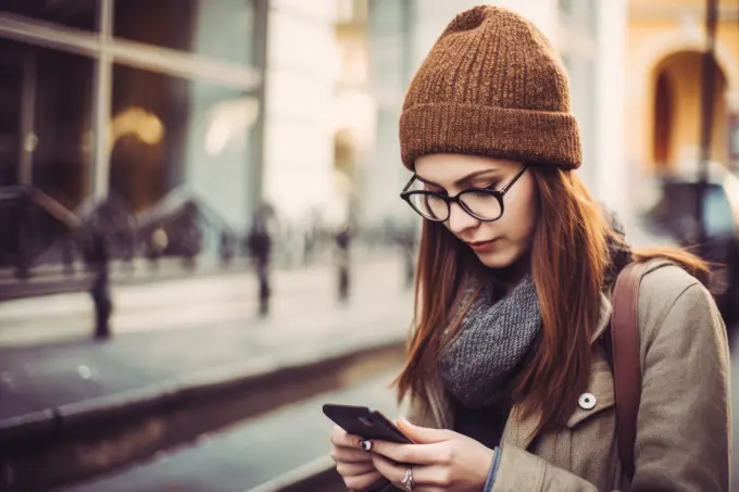 Portrait of young smiling girl in light coat and scarf , walking through city streets and using smartphone to interact with friends. Good vibes. Concept of modern technologies. Ai Generative