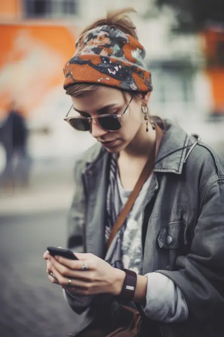 hipster girl with glasses vintage clothes, using smartphone in the city, Ai Generative,