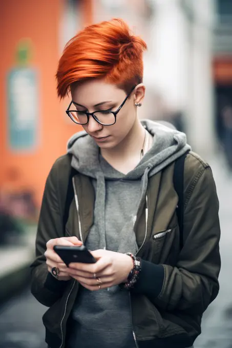 Portrait of young smiling girl in light coat and scarf , walking through city streets and using smartphone to interact with friends. Good vibes. Concept of modern technologies Ai Generative