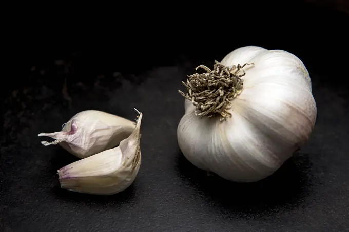 A fine art studio photo of a raw garlic bulb and a couple of cloves.
