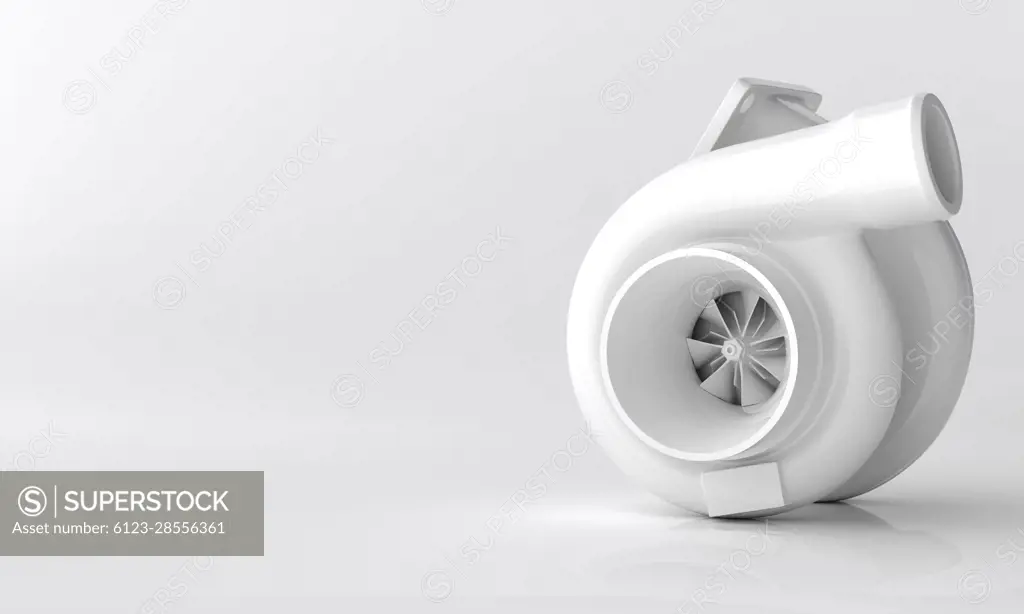 Off-Center view of 3D Rendered Turbocharger Illustraion in a glossy white finish over clean background.