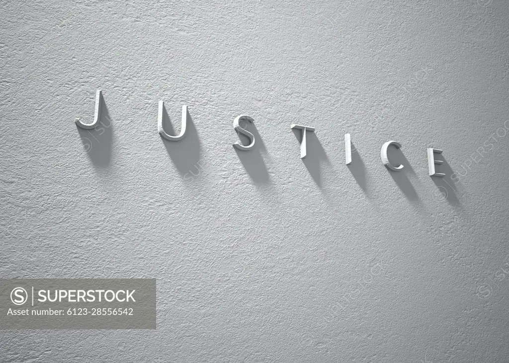 A 3d rendered sign of the word JUSTICE on a dramatically lit whte textured wall.