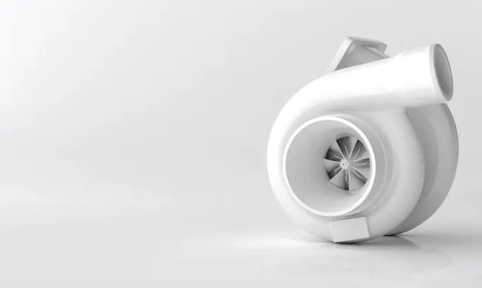 Off-Center view of 3D Rendered Turbocharger Illustraion in a glossy white finish over clean background.