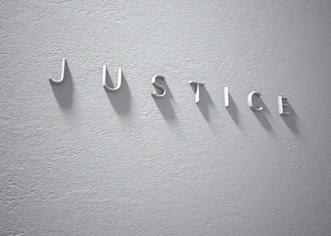 A 3d rendered sign of the word JUSTICE on a dramatically lit whte textured wall.