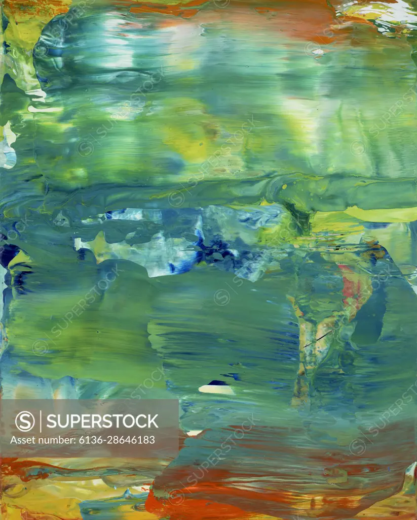 A waxy execution in colors of the blue/green sea with fluid brush strokes giving the work a very aquatic feel.
