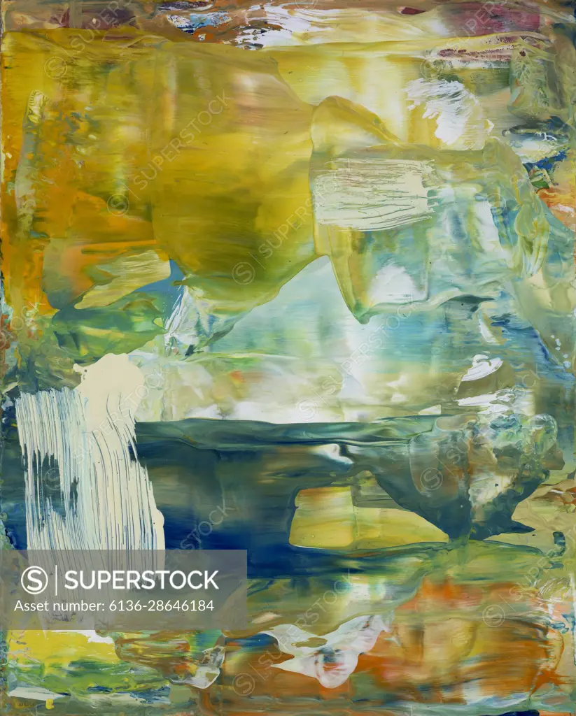 Waxy encaustic paint mixed in various colors and transparent hues cover the surface with a liquid presence.