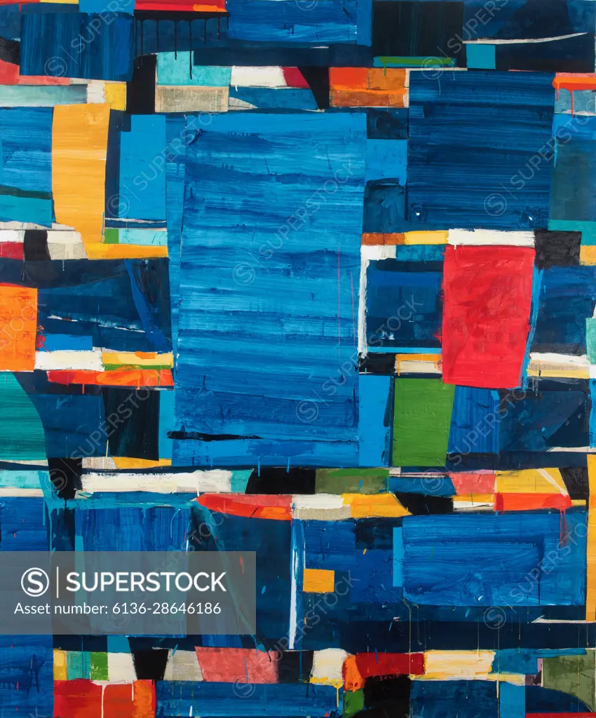 Blocks of color in acrylic paint on paper stack on top of each other in a random composition featuring various shades of blue with occasional pops of red, yellow and green. 