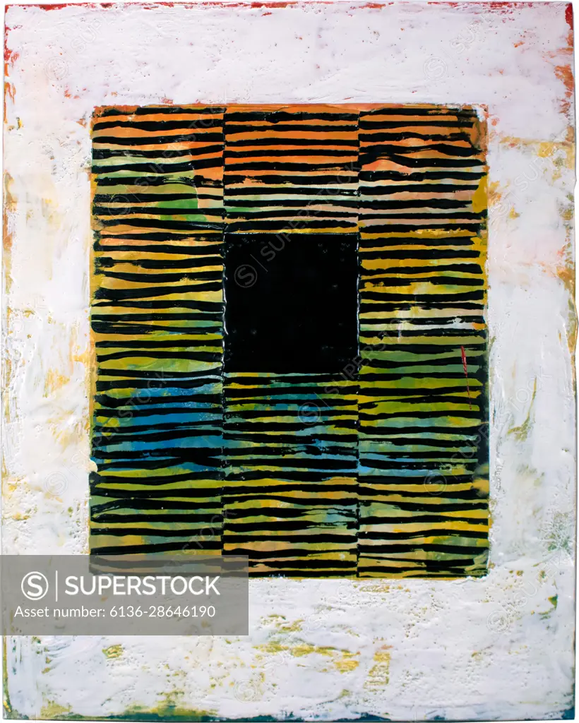 A black square is at the center of this abstract painting with black horizontal lines hovering over a color field background surrounded by a field of white.
