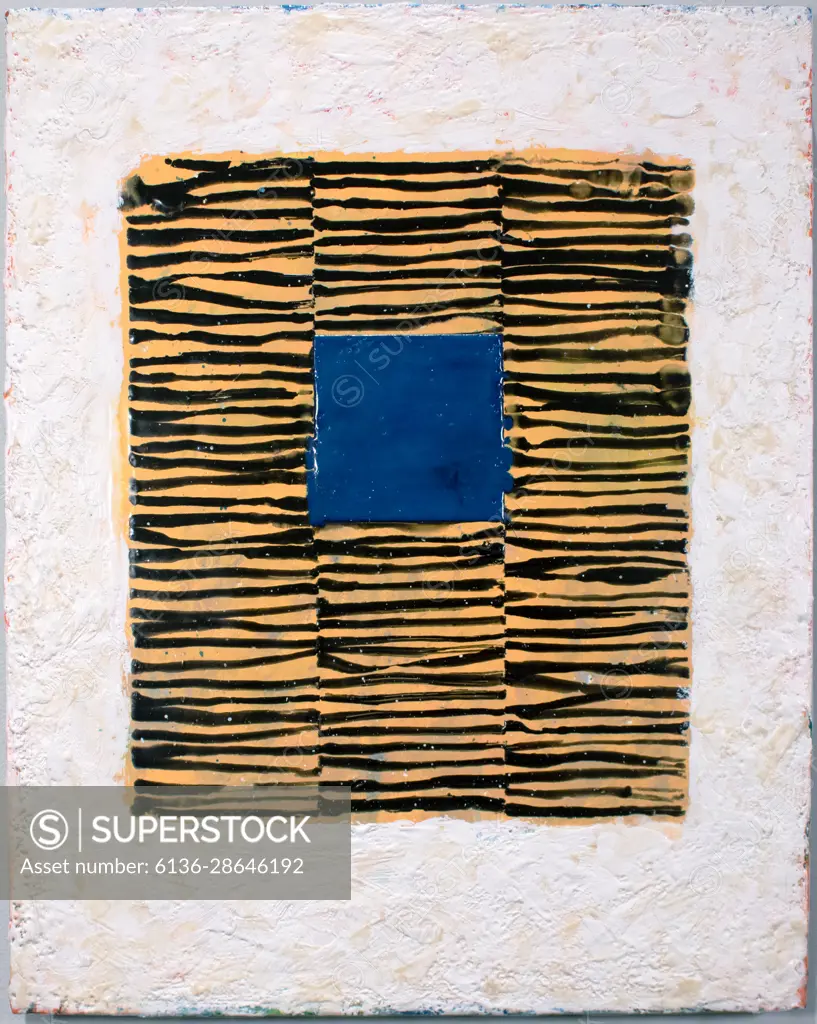 A brilliant blue square pops off the surface of this painting from a patterned background of horizontal lines.