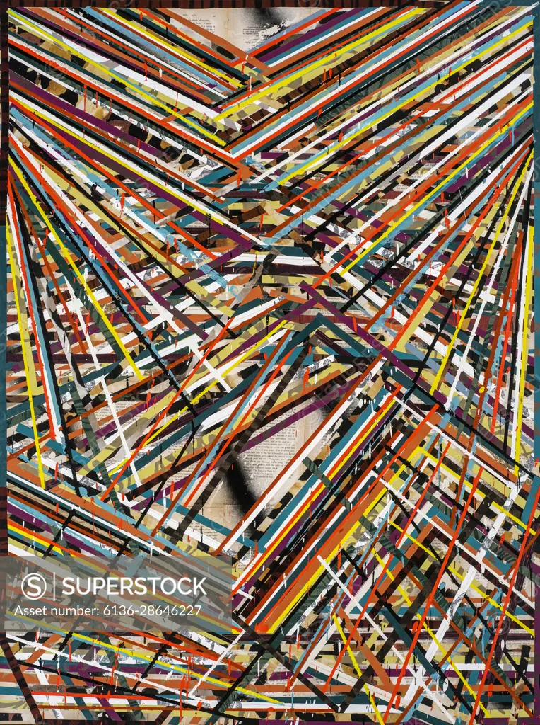 Multiple lines collide, mingle and intersect in rapid-fire sequences of bursting color in this abstract painting brimming with energy and movement.