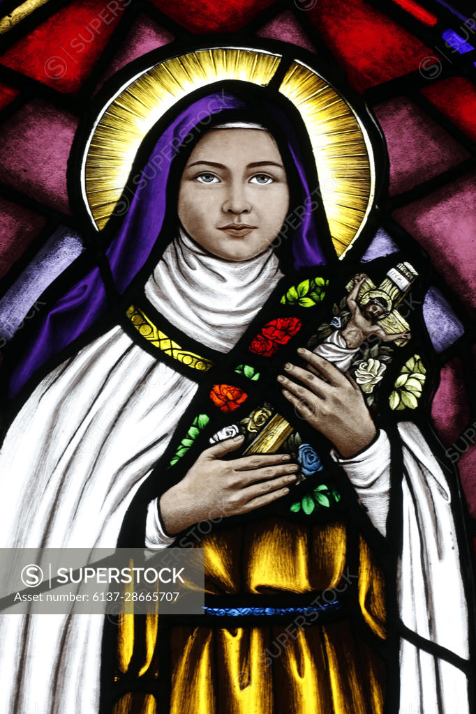 Saint Therese of Lisieux stained glass and statue handcrafted framed print. 7x14 size. St. Therese 2024 stained glass art.