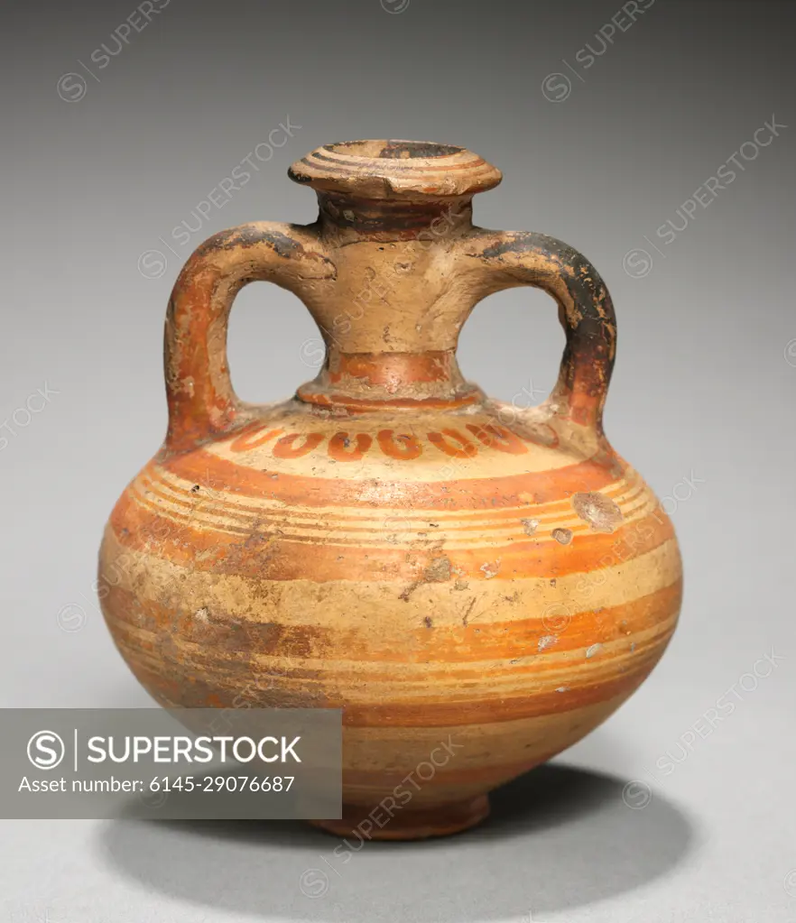 Flask, c. 1350-1300 BC. Cyprus, Late Helladic III A2. Cypro-Mycenaean ware; diameter: 8.9 cm (3 1/2 in.); overall: 10.4 cm (4 1/8 in.); diameter of foot: 3 cm (1 3/16 in.).