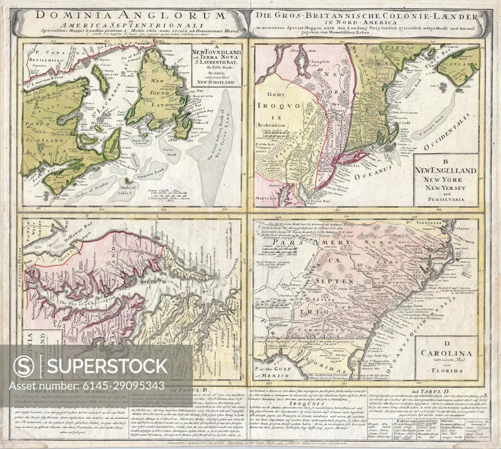 1737 Homann Heirs Map of New England, Georgia and Carolina, and Virginia and Maryland