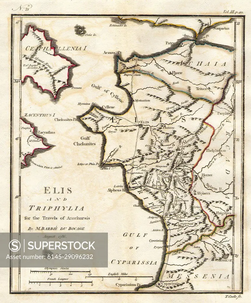 1786 Bocage Map of Elis and Triphylia in Ancient Greece (Olympia and First Olympic Games)