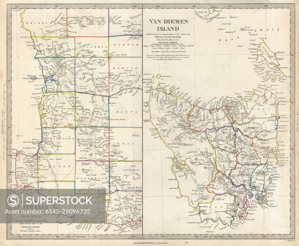 1849 S.D.U.K. Map of Tasmania or Van Diemen's Land and Western Australia