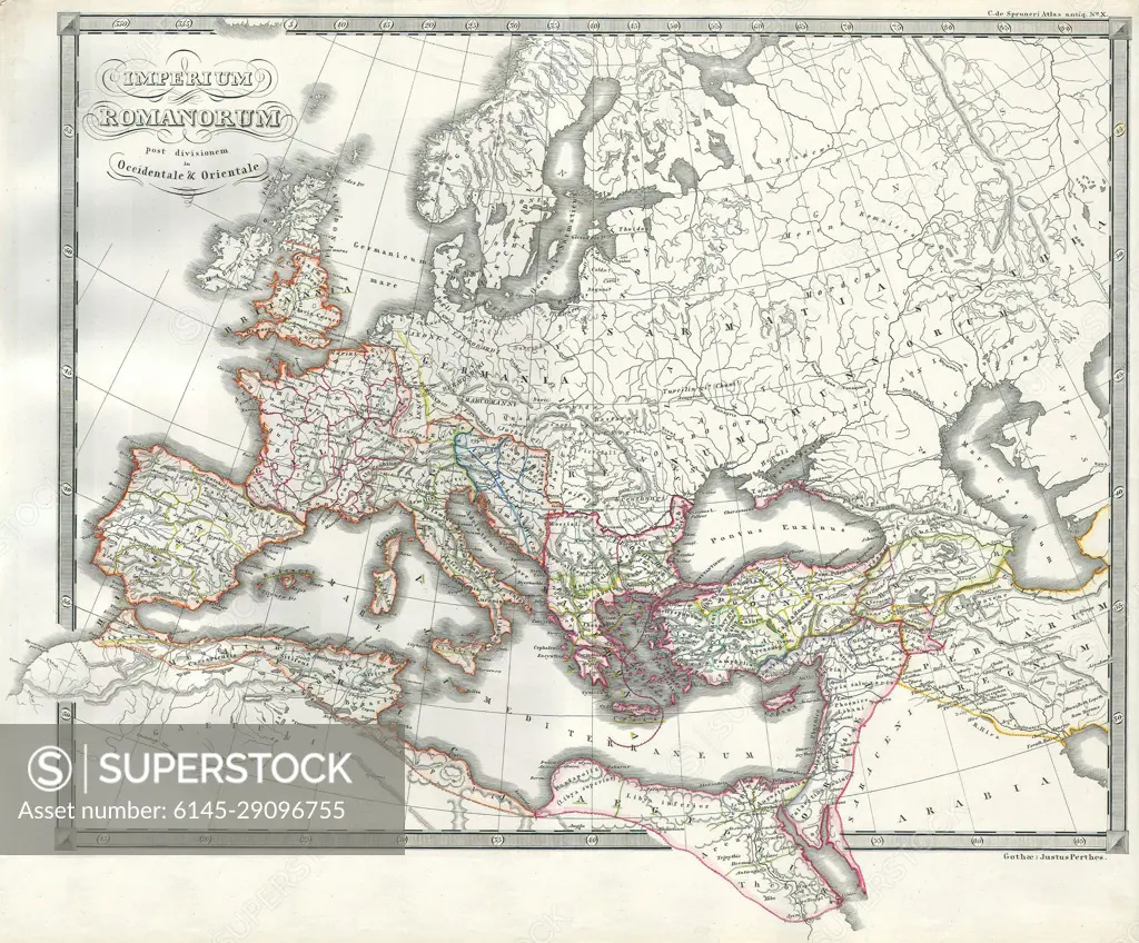 1850 Map of the Roman Empire as Divided into East and West (Ancient Rome)