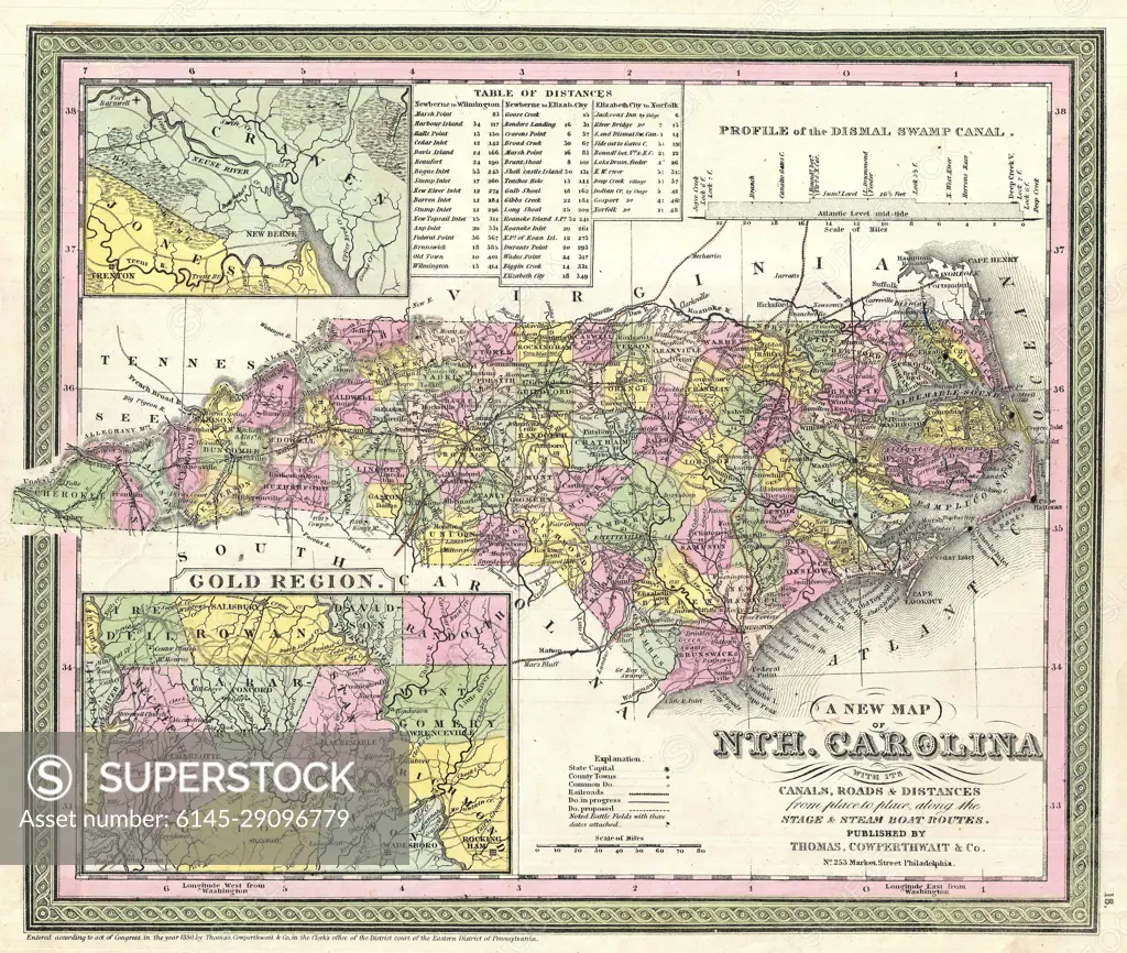 1850 Mitchell Map of North Carolina showing Gold Regions