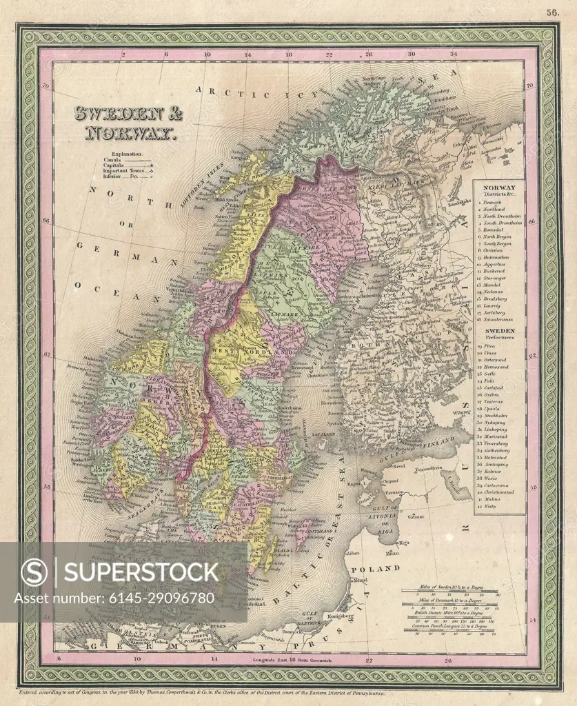 1850 Mitchell Map of Scandinavia, Norway, Sweden, Denmark, Finland