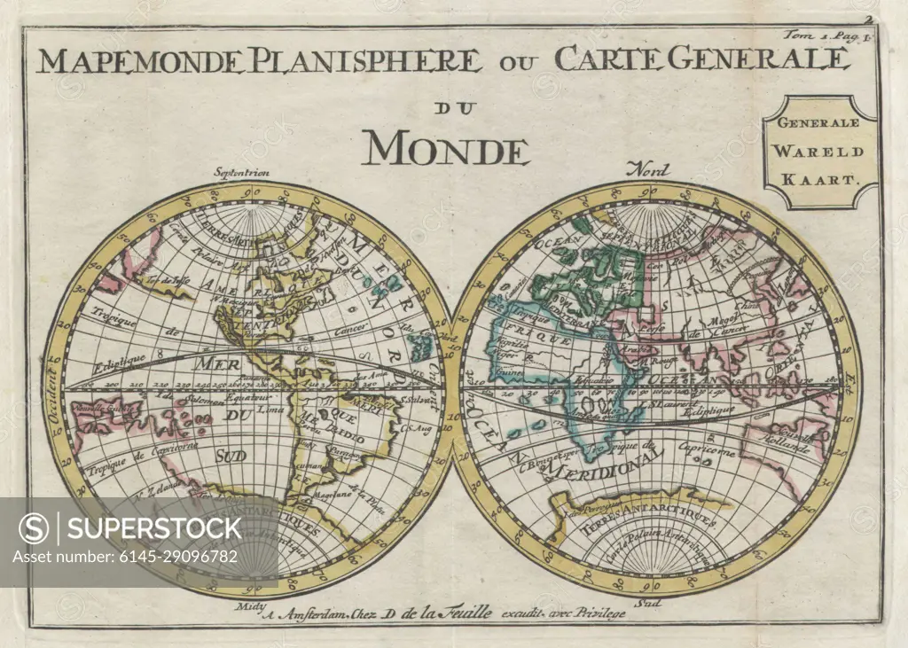 1706 de La Feuille Map of the World on Hemisphere Projection