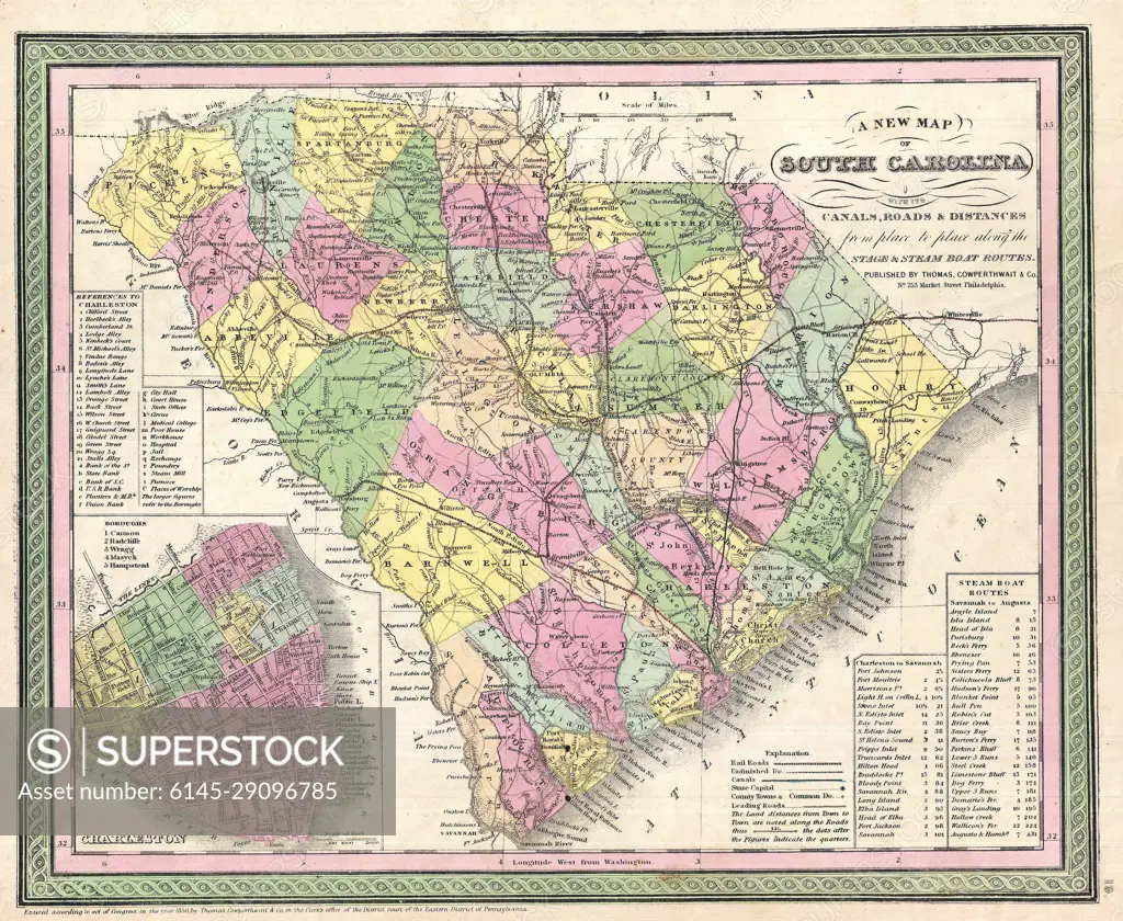 1850 Mitchell Map of South Carolina with Charleston inset