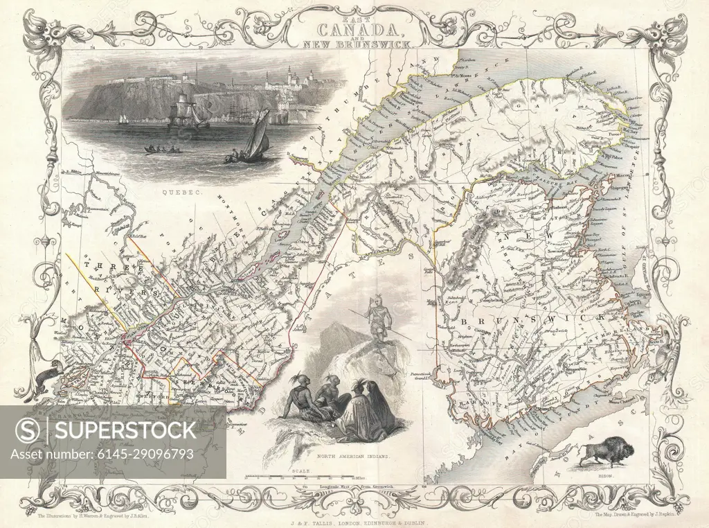 1850 Tallis Map of East Canada or Quebec and New Brunswick