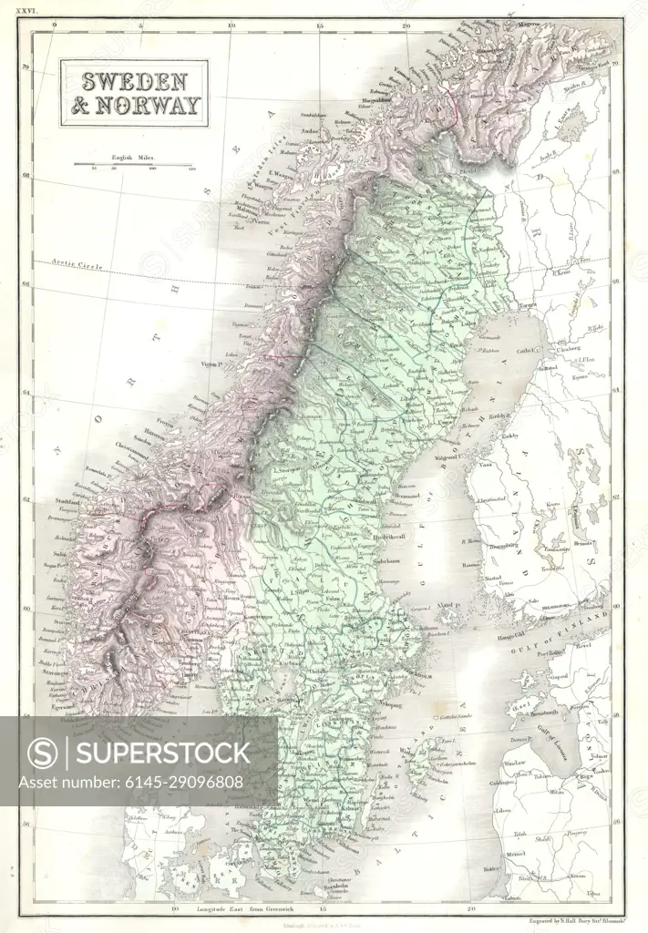 1851 Black Map of Norway and Sweden (Scandinavia)