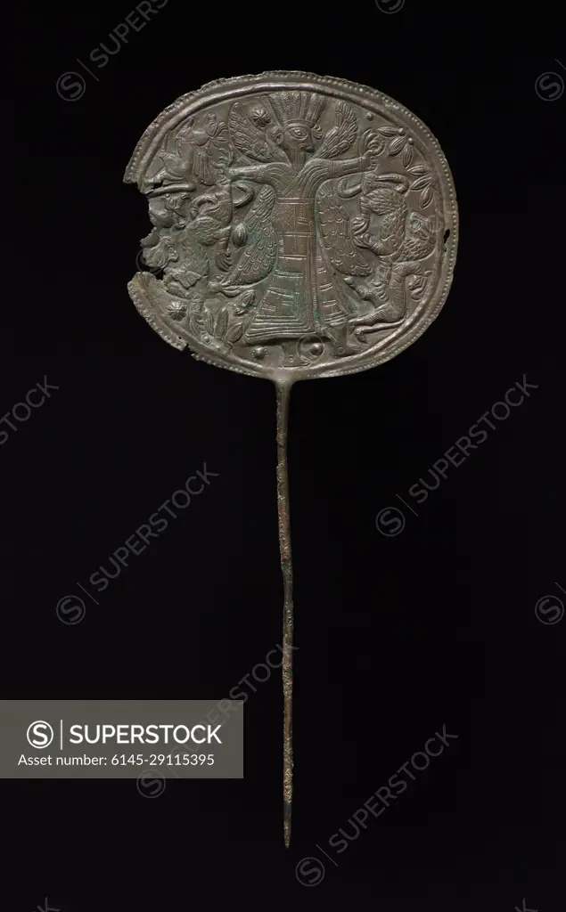 Two large Luristan bronze disc-headed clothing pins, Iran, 1st millenium BC  - Rob Michiels Auctions