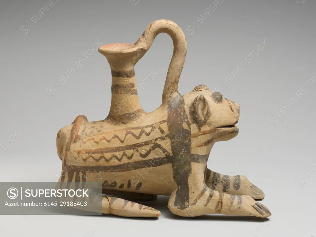 Terracotta askos (vessel) in the form of a lion 1200-1050 B.C. Cypriot Animal-shaped vase in the form of a lion with a spout and handle.. Terracotta askos (vessel) in the form of a lion. Cypriot. 1200-1050 B.C.. Terracotta. Late Cypriot IIIB. Vases