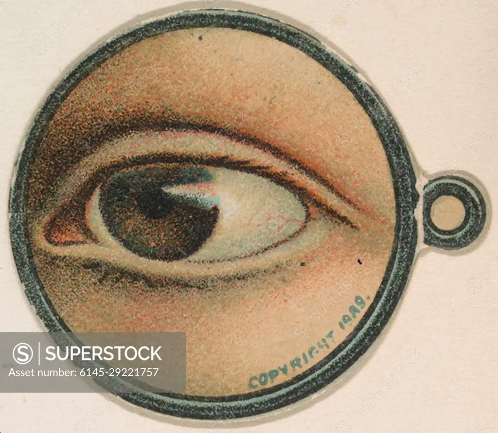 Monocle and Eye (brown), from Jocular Ocular series (N221) issued by Kinney Bros. 1889 Issued by Kinney Brothers Tobacco Company Trade cards from the "Jocular Oculars" series (N221), issued ca. 1889 to promote Kinney Tobacco Company.. Monocle and Eye (brown), from Jocular Ocular series (N221) issued by Kinney Bros.. 1889. Commercial color lithograph. Issued by Kinney Brothers Tobacco Company