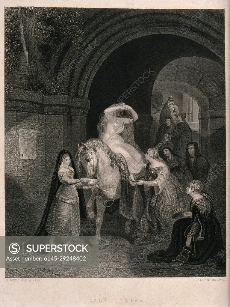 The semi-naked Lady Godiva sitting on a horse having slippers put on her  feet by another woman. Engraving by J.B. Allen after G. Jones. - SuperStock