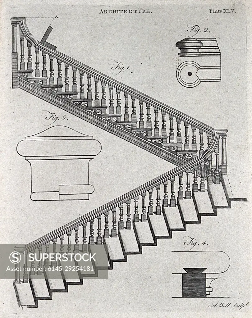 Architecture: a dog-leg staircase and details. Engraving by A. Bell.