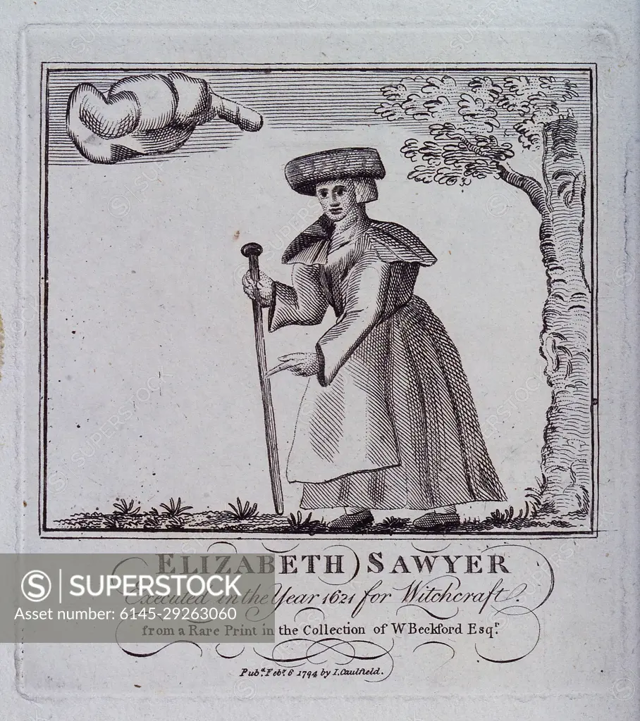 Elizabeth Sawyer, of Edmonton, Middlesex, who was executed for witchcraft in 1621. Etching, 1794.