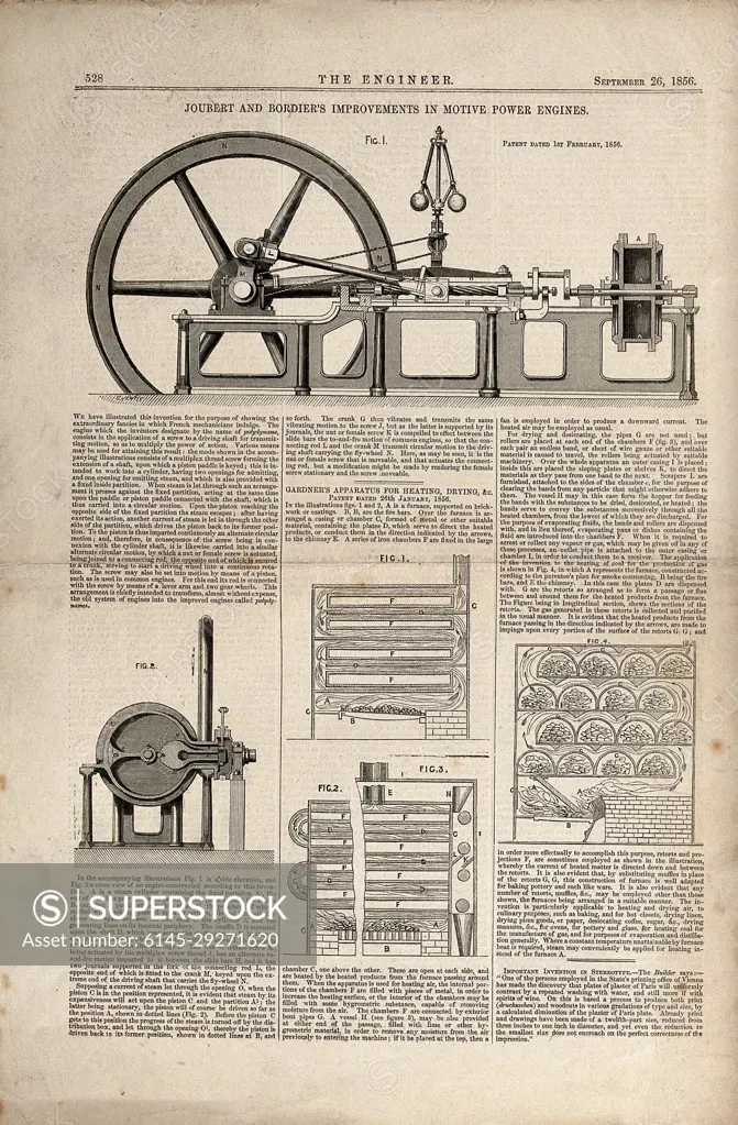 Engineering: a steam engine, and drying chambers. Wood engraving by E. Jewitt, 1856.