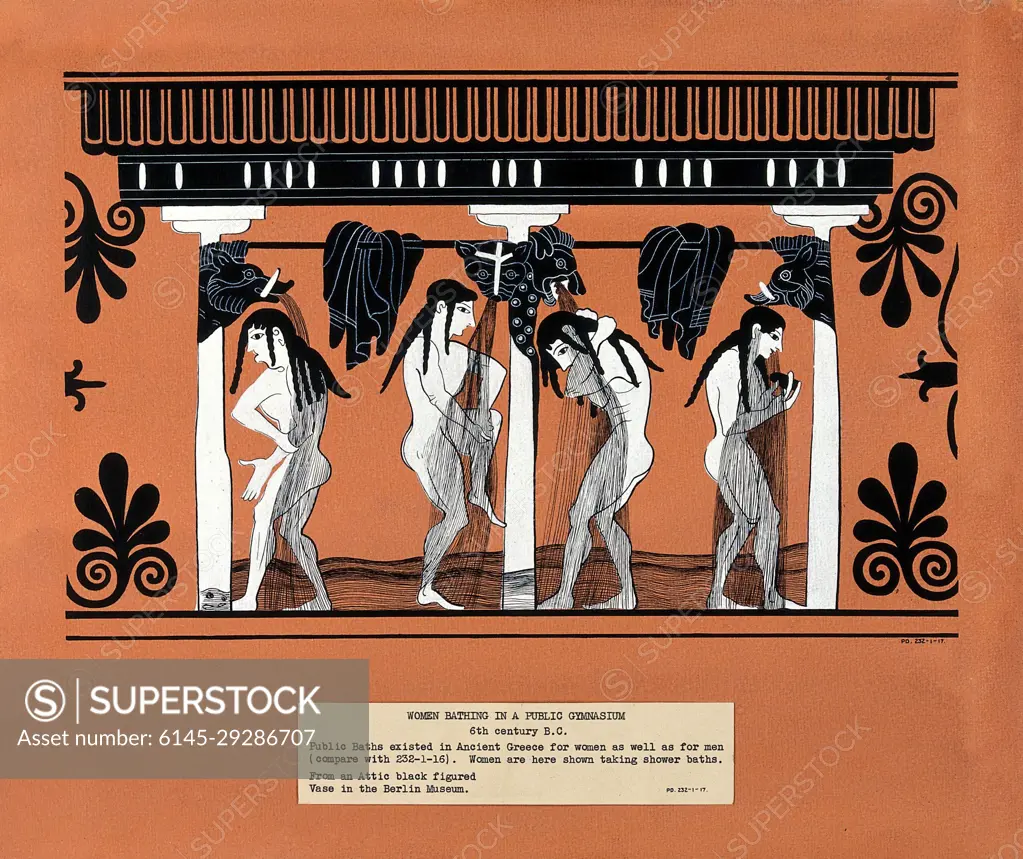 Women bathing in a public gymnasium. Gouache painting. - SuperStock