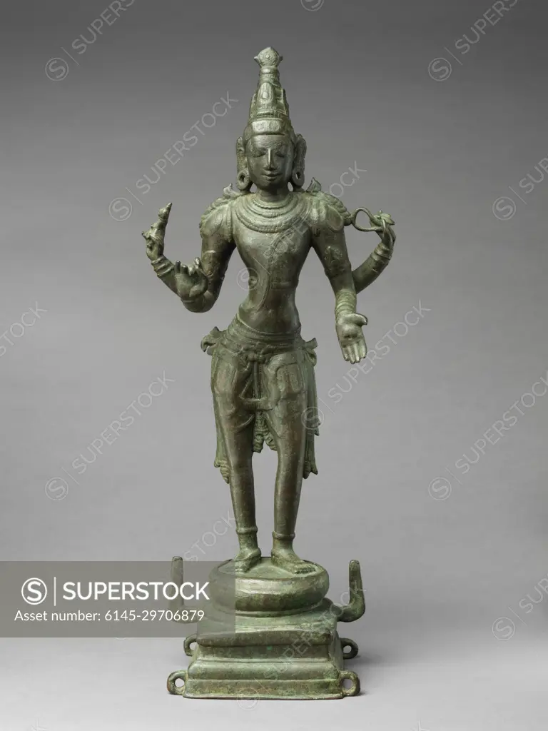 Chakra-Purusha, the Personified Discus Weapon of Vishnu 10th-early 11th century India (Tamil Nadu) Early in the evolution of Hindu iconography, a convention emerged of representing the weapons of the gods as minor deities in human form. The ayudya-purusha (weapon-man) anthropomorphic forms evolved uniquely in South India as freestanding icons, worthy of worship independent of their source deityin this case, Vishnu. This personified weapon is thus revered as an ansa, a partial incarnation of the god himself.. Chakra-Purusha, the Personified Discus Weapon of Vishnu. India (Tamil Nadu). 10th-early 11th century. Copper alloy. Chola period. Sculpture