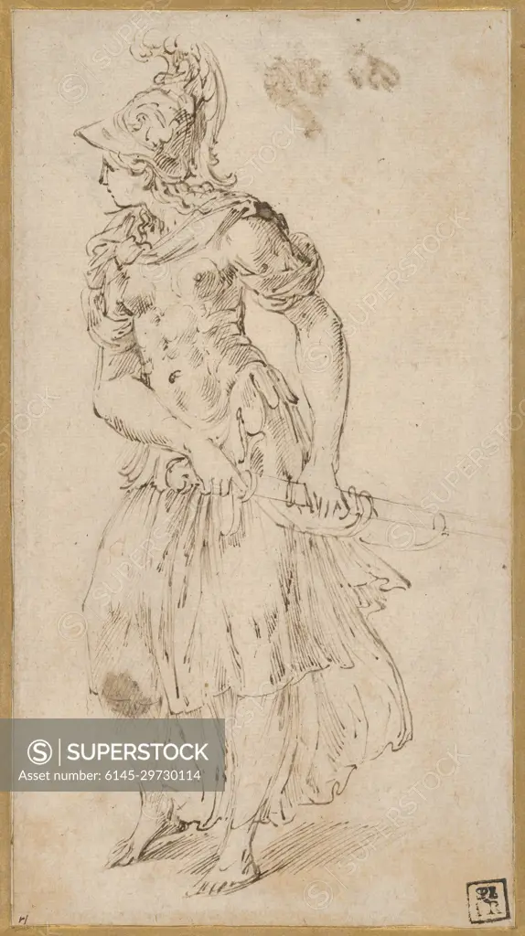 Standing Female Figure in Armor Drawing Her Sword (Minerva or