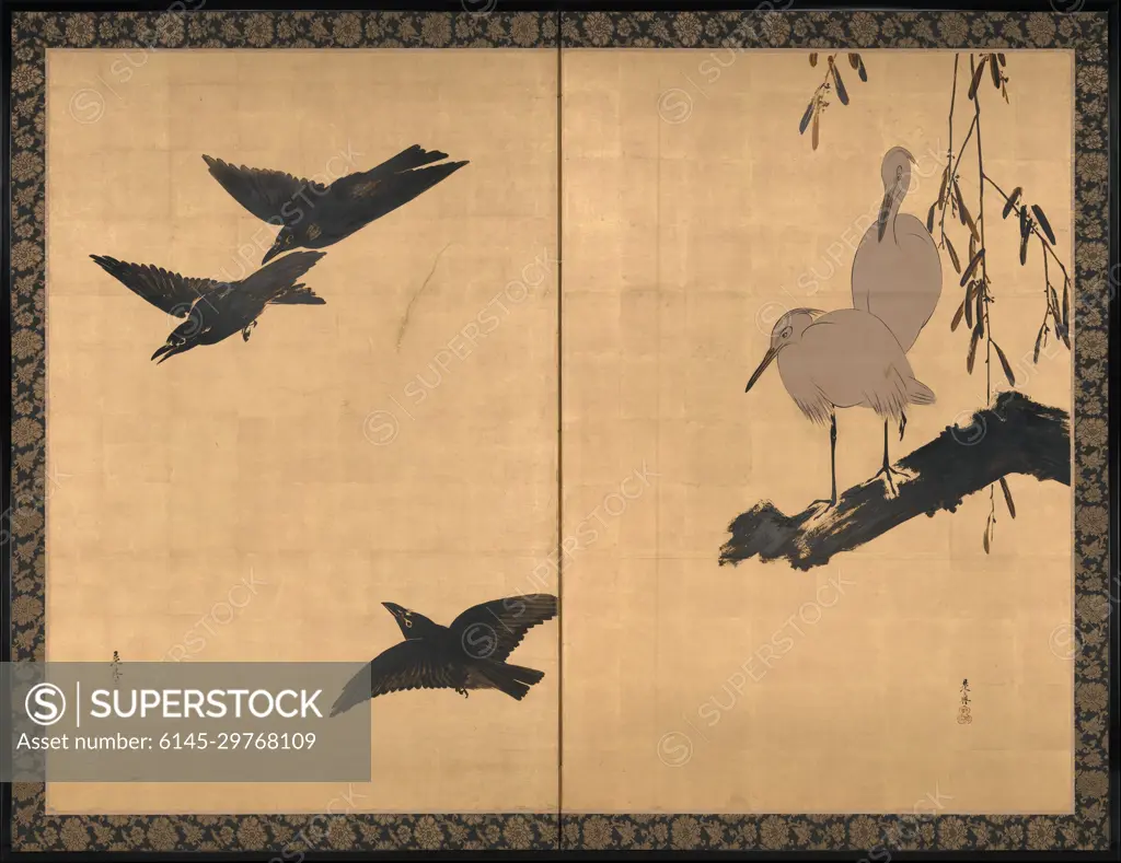 Egrets and Crows late 19th century Shibata Zeshin Japanese The two panels of this brilliant gold-leaf screen display contrasting scenes of two egrets at rest and three crows in flight, with white and black forms counterbalancing each other to mesmerizing effect. The white color of the egrets was accomplished by cutting out the gold-leaf layer and exposing the paper, a technique the artist used on other examples of avian painting. Shibata Zeshin was predominantly known as a master lacquer craftsman, and also incorporated the technique into his paintings. Here, the lacquer employed in place of ink adds a rich, black sheen to the surface. This tour-de-force composition, originally mounted on two separate framed wooden panels, pictorially blends elements of the Maruyama-Shijō school, in which Zeshin first trained, with features of Rinpa art.. Egrets and Crows 77169