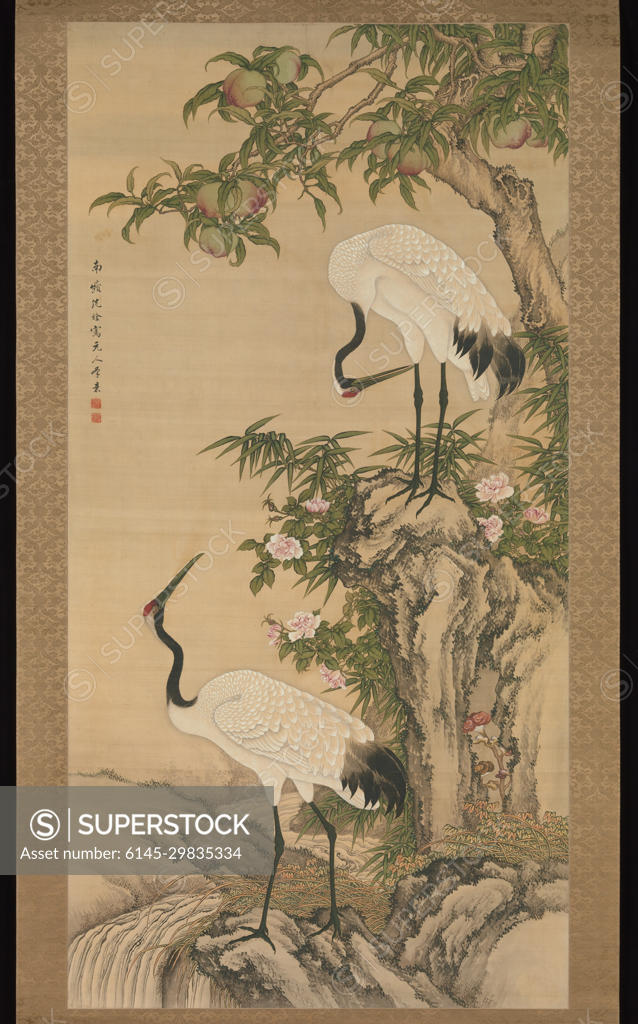 Cranes, Peach Tree, and Chinese Roses early 18th century After Shen ...