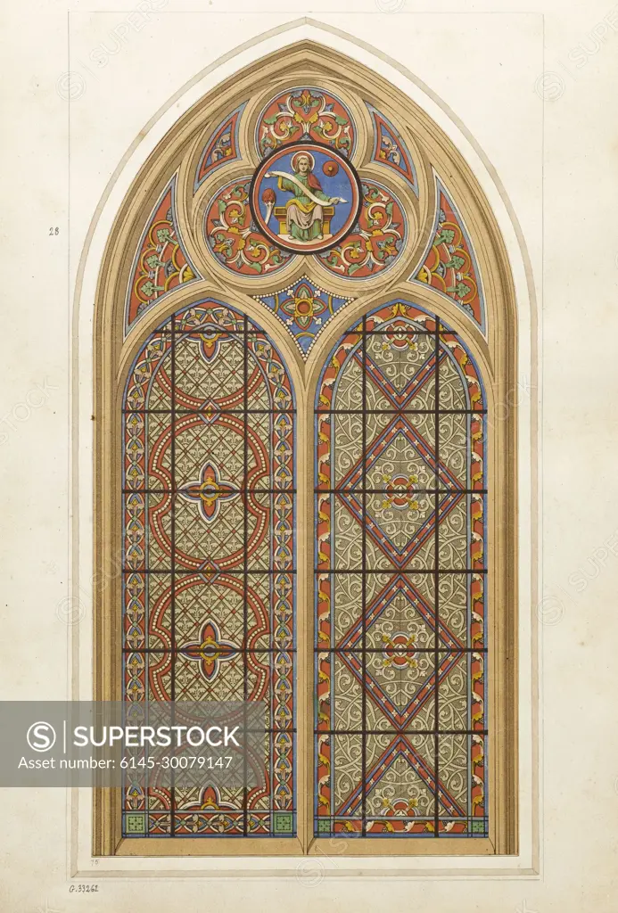 Album # 2; Window has two tranks, decorative decorative decorations in each of the traverses, superior part in a medion, Christ holding a phylactere Gsell-Laurent workshop. Album # 2; Two span window, different decorative decorations in each span, upper part in a medallion, Christ holding a phylactery. Chromolithography.