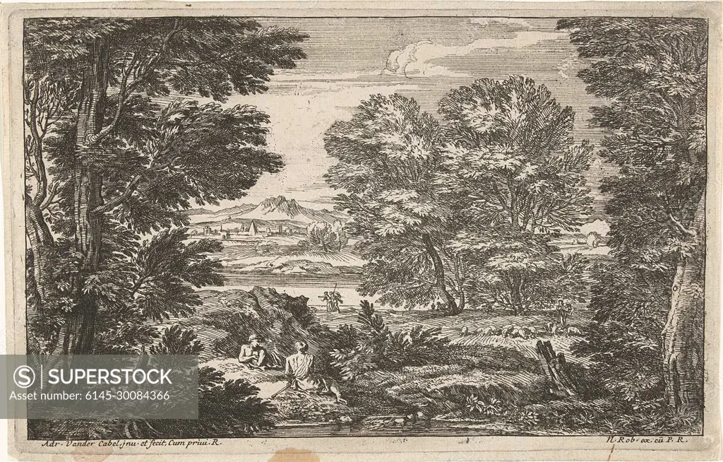 Landscape with two people opposite each other; Boomy