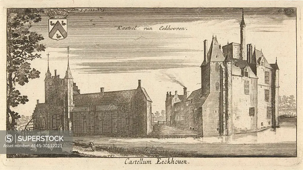 Kasteel van Eekhooven; Castellum Eeckhouen; Kastelen in Brabant.View of Castle Eeckhoven in Rumst, near Antwerp. In the shade in the foreground three people and a dog. At the top left the family crest.